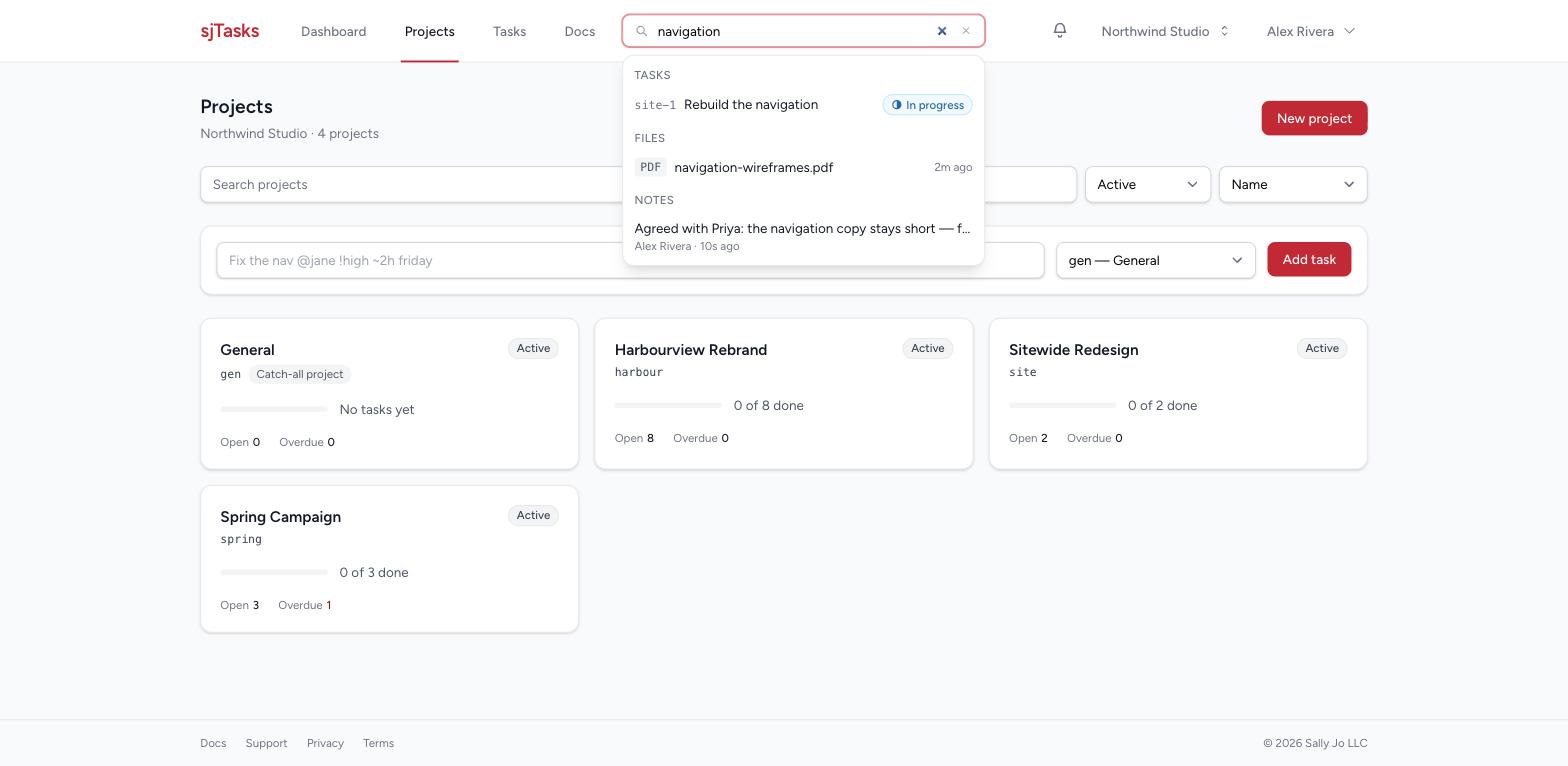 The search panel open on the word "navigation", showing three groups: a task, a PDF called
navigation-wireframes, and a note that mentions the navigation copy.