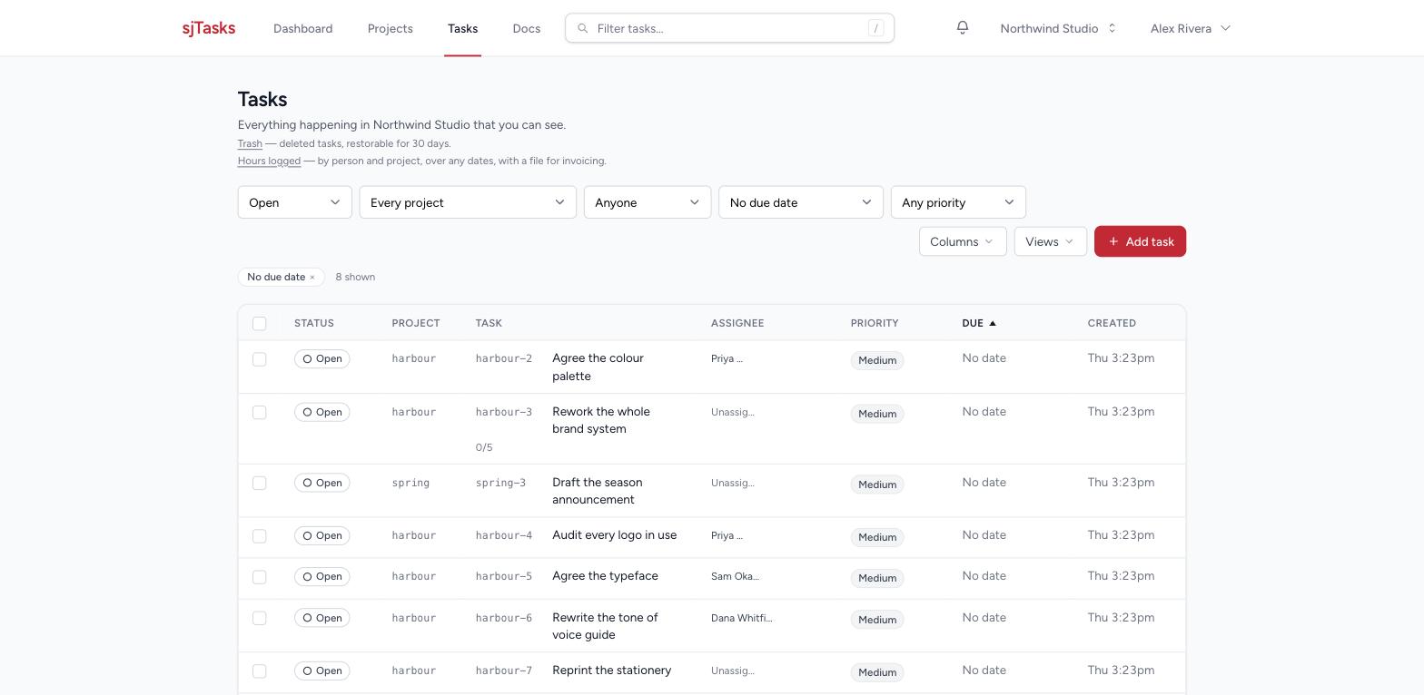 The Tasks table filtered to open work with no due date. One row, "Rework the whole brand
system", carries a 0/5 subtask count and no date — a task that has outgrown its shape.